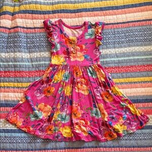 Posh Peanut Hot Pink Floral Henley Twirl Dress with Ruffle Sleeves